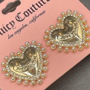 NWT Juicy Couture Large Heart Stud Earrings, Goldtone, Crystals, Faux Pearls